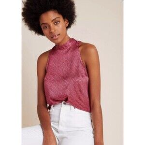 Anthropologie Maeve High Neck Tank Size M Pink Geometric Satin Tie Bow